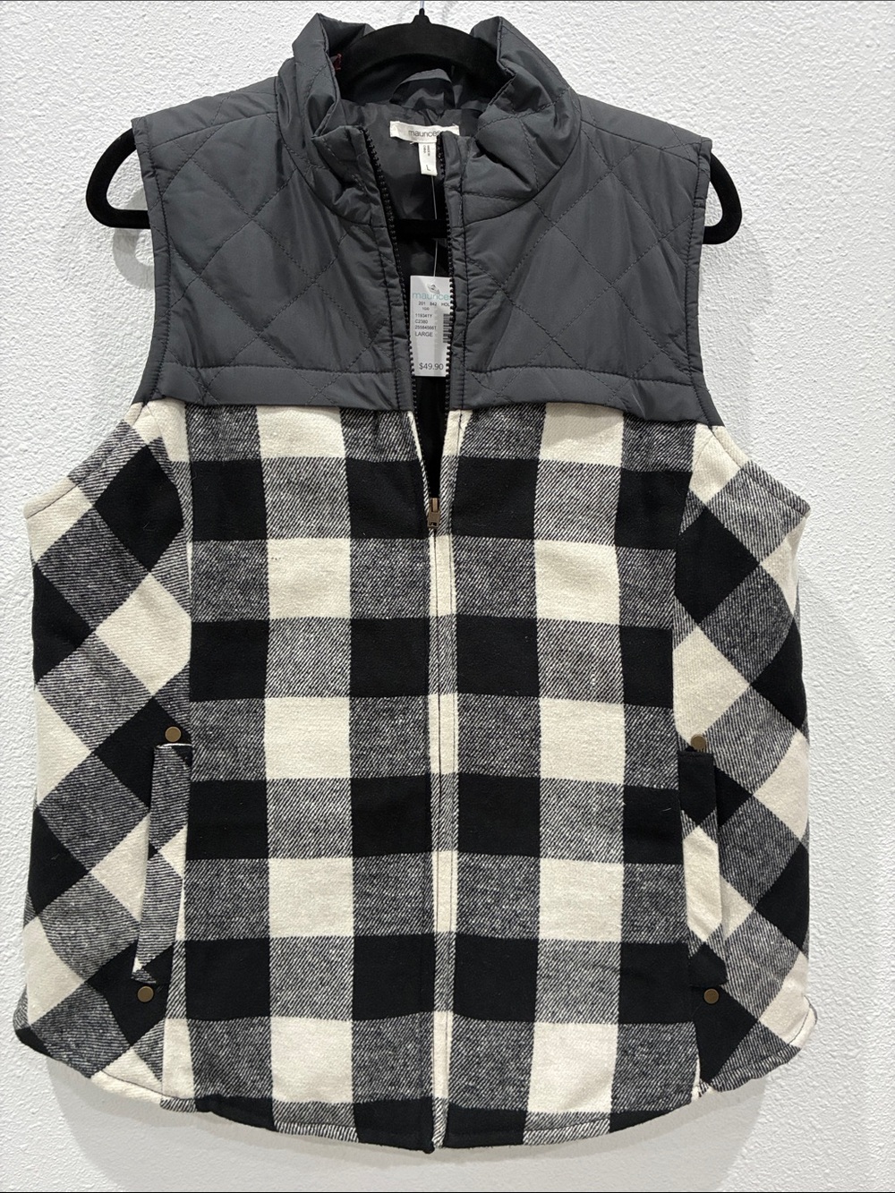 Maurices Black & Cream Quilted Yoke Buffalo Plaid Vest